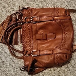 Isabella Fiore Tan Leather Woven-Trim Shoulder Bag with Tassel Accent